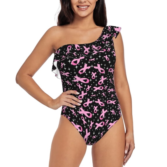 Gaeub Breast Cancer Awareness (2) Women's One Shoulder Ruffle Tummy Control Swimwear for Swimming Surfing Beach Party - Medium