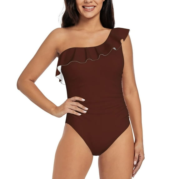 Gaeub Brown Women's One Shoulder Ruffle Tummy Control Swimwear for Swimming Surfing Beach Party - XX-Large