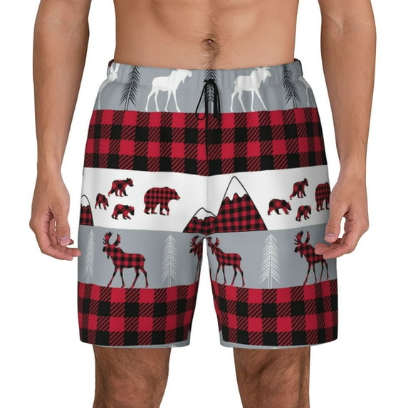 Gaeub Buffalo Plaid Forest Mens Swim Trunks Stretch Beach Shorts Quick Dry for Men Swim Shorts Swimwear with Pockets- Large