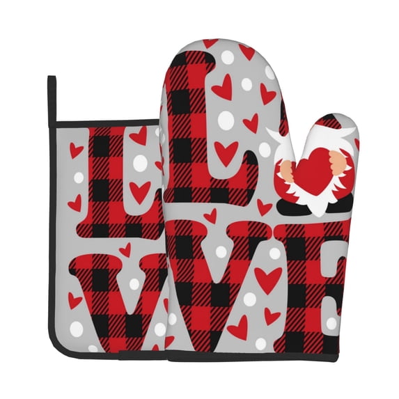 Gaeub Buffalo Plaid Love And Gnome Print Oven Mitts and Pot Holders Sets of 2,Heat Resistant Pad,Cooking Gloves, for Baking BBQ Home Decor