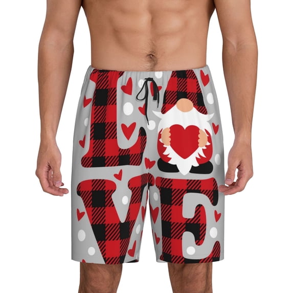 Gaeub Buffalo Plaid Love And Gnome Printed Men's Short Pajama Pants, Lightweight Lounge & Sleep Bottoms Keep You Cool - 3X-Large