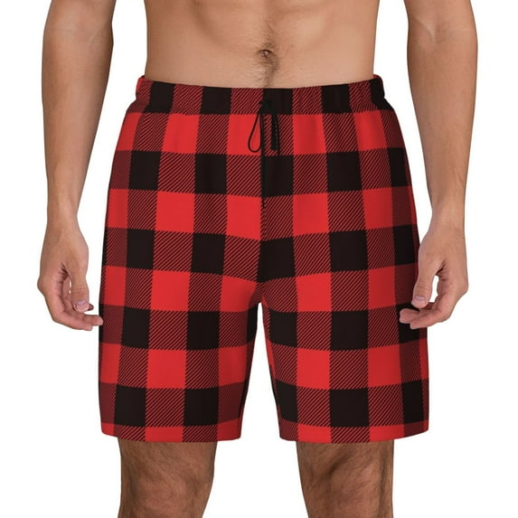 Gaeub Buffalo Plaid Red Black Mens Swim Trunks Stretch Beach Shorts Quick Dry for Men Swim Shorts Swimwear with Pockets- Medium