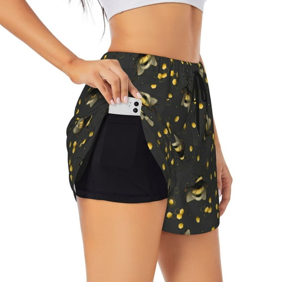 Gaeub Bumblebee Print Women's Athletic Shorts,High Waisted Running Shorts,Pocket Sporty Short,Gym Elastic Workout Shorts-Small