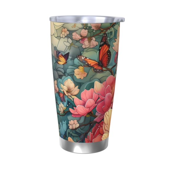 Gaeub Butterflies In Blooming Garden Print 20-Ounce Stainless Steel Car Cup,Tumblers Cups with Lids and Straw,Coffee Cups for Adults Kids Home Car Office School Travel Party-Without Straw