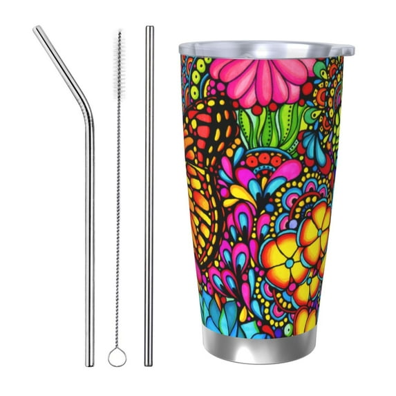 Gaeub Butterfly Garden Print 20-Ounce Stainless Steel Car Cup,Tumblers Cups with Lids and Straw,Coffee Cups for Adults Kids Home Car Office School Travel Party-Straw Three-piece Set