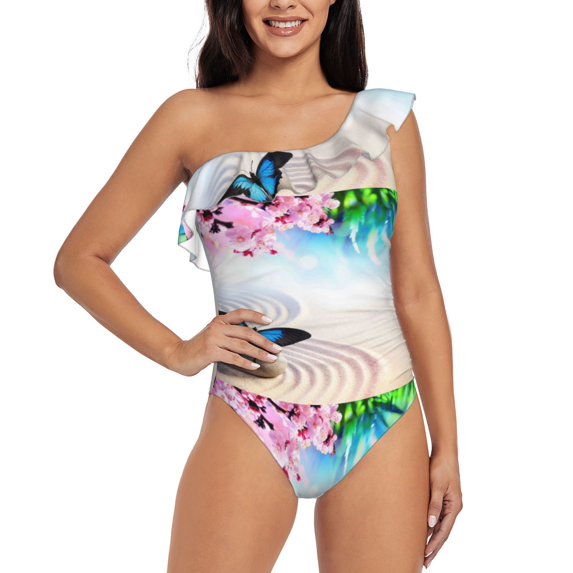 Gaeub Butterfly In Blossoms Zen Women's One Shoulder Ruffle Tummy Control Swimwear for Swimming Surfing Beach Party - Medium