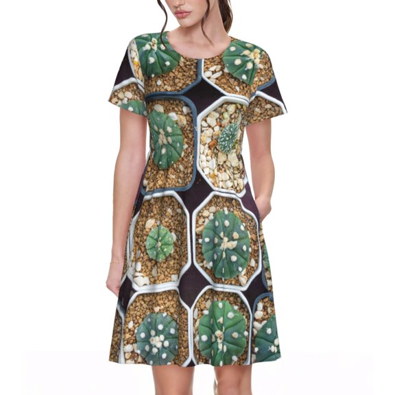 Gaeub Cactus Garden Print Womens Dresses,Casual Short Sleeve Tunic,Summer Midi Dress for Women,Women's Short sleeve Dress