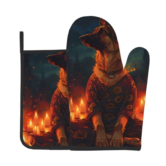 Gaeub Candle Shepherd Dog Print Oven Mitts and Pot Holders Sets of 2,Heat Resistant Pad,Cooking Gloves, for Baking BBQ Home Decor