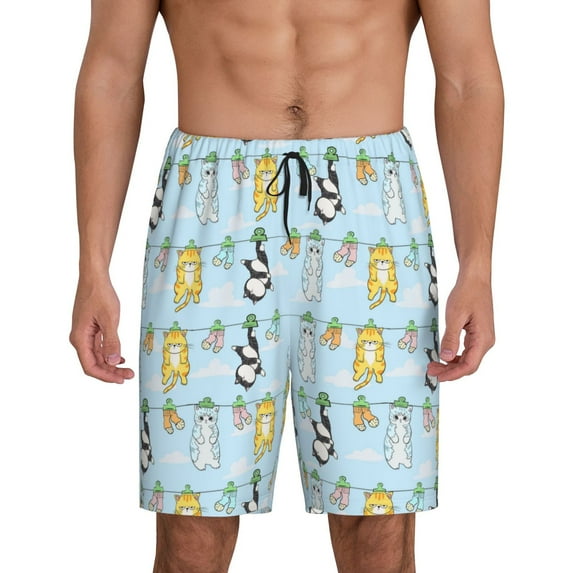 Gaeub Cartoon Cat Print Men's Short Pajama Pants, Sleep Shorts, Household Pants, Casual Pants with Pockets-Large