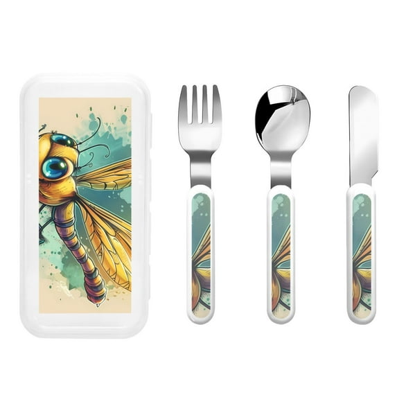 Gaeub Cartoon Dragonfly Art Print 3-Piece Children Knife Spoon Fork Set,Stainless Steel Child Flatware Set,Kids Utensils Set with Case for Lunch Box (Fork Spoon Knife Combo)