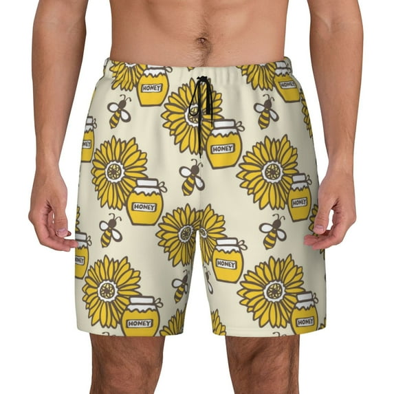 Gaeub Cartoon Honey Pot Bee Sunflower Mens Swim Trunks Stretch Beach Shorts Quick Dry for Men Swim Shorts Swimwear with Pockets- Large