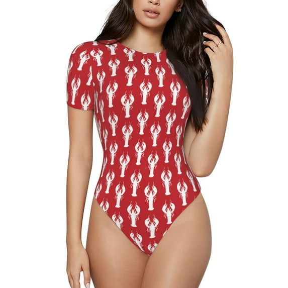 Gaeub Cartoon Lobster Women'S Short Sleeve One Piece Swimsuit Sexy High-Waisted Bodysuit For Swimming, Beach, Sports - Large