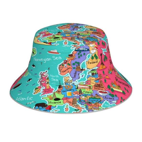 Gaeub Cartoon Map Of Europe Printed Double Sided Reflective Bucket Hat Foldable Sun Hat for Camping Hiking Fishing