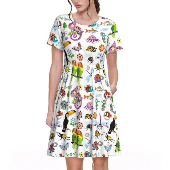 Gaeub Cartoon Wild Animals Print Womens Dresses,Casual Short Sleeve Tunic,Summer Midi Dress for Women,Women's Short sleeve Dress
