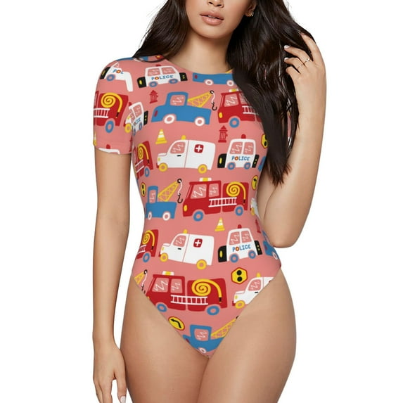 Gaeub Cartoon With Traffic Elements Women'S Short Sleeve One Piece Swimsuit Sexy High-Waisted Bodysuit For Swimming, Beach, Sports - Small