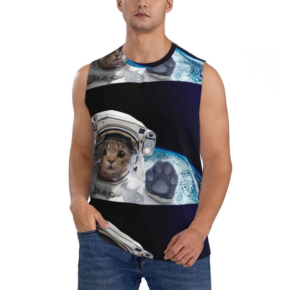 Gaeub Cat Astronaut Men's Sleeveless Muscle Shirts Workout Tank Tops, Odor Protection and Comfortable - Medium