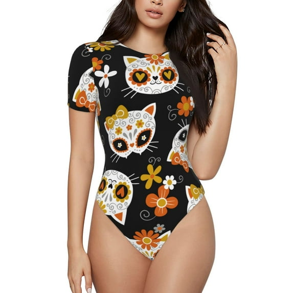 Gaeub Cat Skulls And Flowers Women'S Short Sleeve One Piece Swimsuit Sexy High-Waisted Bodysuit For Swimming, Beach, Sports - X-Large