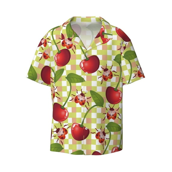 Gaeub Cherries and Ladybirds Men's Lapel Short Sleeve Shirt, Relaxed Fit Shirt, Soft and Breathable for Outdoors Party Travel - XX-Large