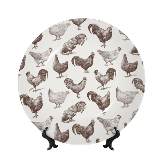 Gaeub Chickens Print Ceramic Plate,Dinner Plates,Bone China Decorative Plates with Display Stand,Art Ceramic Ornaments for Wall Hanging Decoration-6in