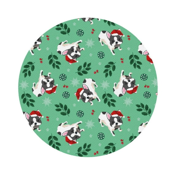 Gaeub Christmas French Bulldog Print 6 Pcs Leather Coasters for Drinks ,Drink Coasters Sets,Drink Table Cup Coasters for Living Room Kitchen Coffee Decor,Round Shape