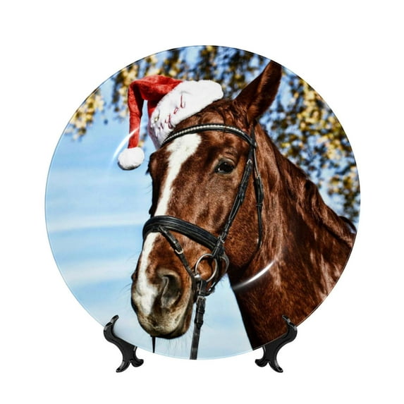 Gaeub Christmas Horse Print Ceramic Plate,Dinner Plates,Bone China Decorative Plates with Display Stand,Art Ceramic Ornaments for Wall Hanging Decoration-7in