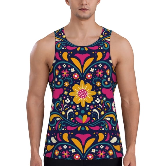 Gaeub Cinco De Mayo Floral Men's Athletic Tank Top, Workout Sleeveless Shirts, Running Tank Tops for Gym, Running, Training - Large