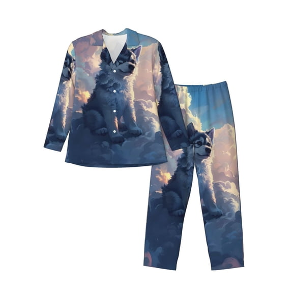 Gaeub Cloud Wolf Print Mens Pajama Set, Long Sleeve Pajamas for men,Lightweight Button Up Sleepwear,Lounge Pjs Set with Pockets-Medium