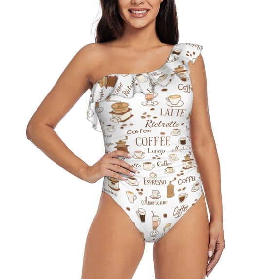 Gaeub Coffee Women's One Shoulder Ruffle Tummy Control Swimwear for Swimming Surfing Beach Party - Medium