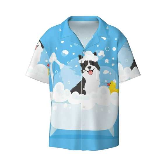 Gaeub Collie in Bathtub Men's Lapel Short Sleeve Shirt, Relaxed Fit Shirt, Soft and Breathable for Outdoors Party Travel - Medium