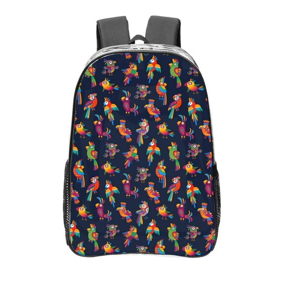 Gaeub Colorful Birds Print Clear Backpack ,Clear Transparent Backpack, PVC Bag with Side Pockets,for Concert, Beach, Work, Travel & Sporting