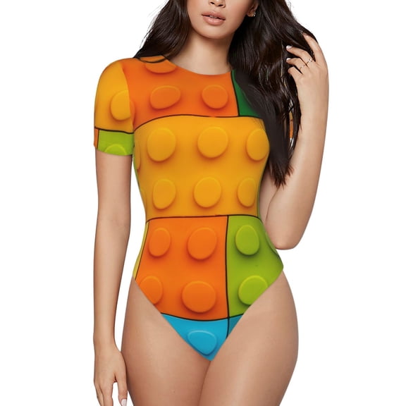 Gaeub Colorful Building Blocks Print Women's Short Sleeve One Piece Swimsuit Sexy High-Waisted Bodysuit Bathing Suit for Swimming, Beach, Sports-Small