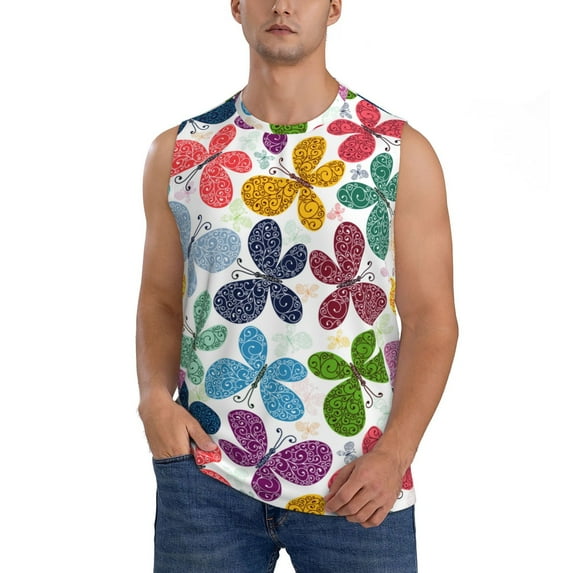 Gaeub Colorful Butterflies Men's Sleeveless Muscle Shirts Workout Tank Tops, Odor Protection and Comfortable - 3X-Large