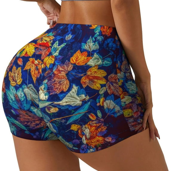 Gaeub Colorful Fall Leaves Print Workout Shorts for Women,Seamless Scrunch Short,Gym Yoga Running Sport Active Exercise Fitness Shorts-Small