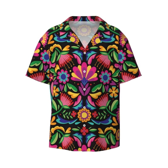 Gaeub Colorful Floral Embroidery Mexican Men's Lapel Short Sleeve Shirt, Relaxed Fit Shirt, Soft and Breathable for Outdoors Party Travel - Large