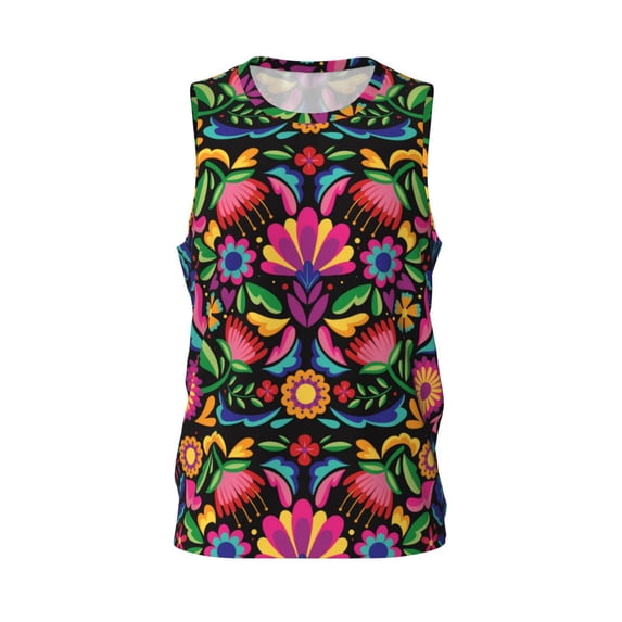 Gaeub Colorful Floral Embroidery Mexican Men's Mesh Basketball Jersey, Quick-Drying Sleeveless Top S-4XL, Loose Muscle Tank Top -XX-Large