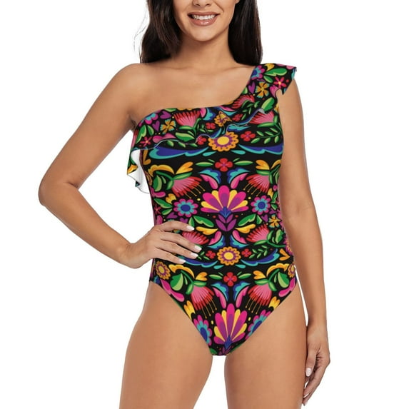 Gaeub Colorful Floral Embroidery Mexican Women's One Shoulder Ruffle Tummy Control Swimwear for Swimming Surfing Beach Party - Small