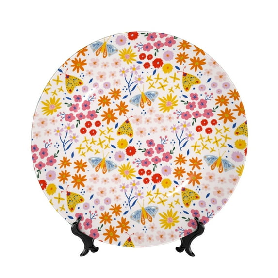 Gaeub Colorful Floral Print Ceramic Plate,Dinner Plates,Bone China Decorative Plates with Display Stand,Art Ceramic Ornaments for Wall Hanging Decoration-8in