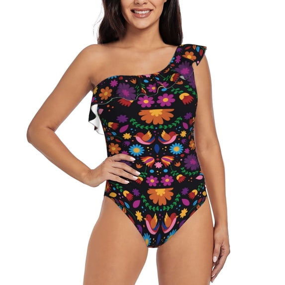 Gaeub Colorful Floral2 Women's One Shoulder Ruffle Tummy Control Swimwear for Swimming Surfing Beach Party - Medium