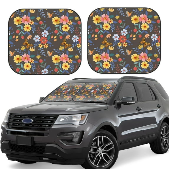 Gaeub Colorful Flowers with Butterfly Foldable Auto Sun Blocker Visor, Sunshade for Car Front Window, Keeps Your Vehicle Cool - Medium