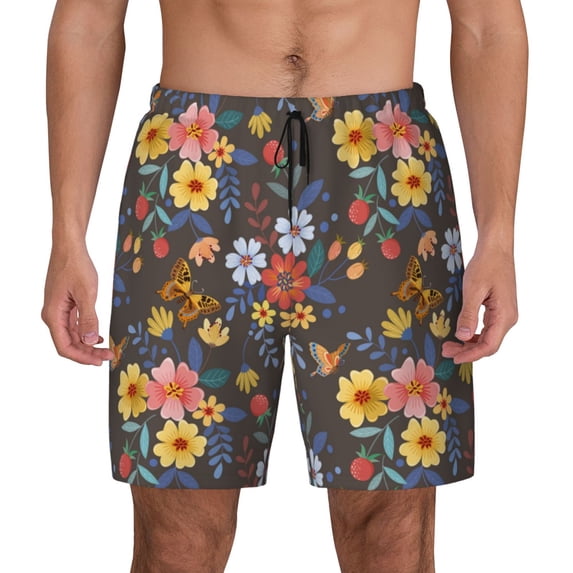 Gaeub Colorful Flowers with Butterfly Mens Swim Trunks Stretch Beach Shorts Quick Dry for Men Swim Shorts Swimwear with Pockets- Medium
