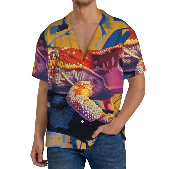 Gaeub Colorful Gecko Jungle Art Men's Lapel Short Sleeve Shirt,Cuban Shirts For Men,Short Sleeve Button Down Men, Soft and Breathable for Outdoors Party Travel-3X-Large