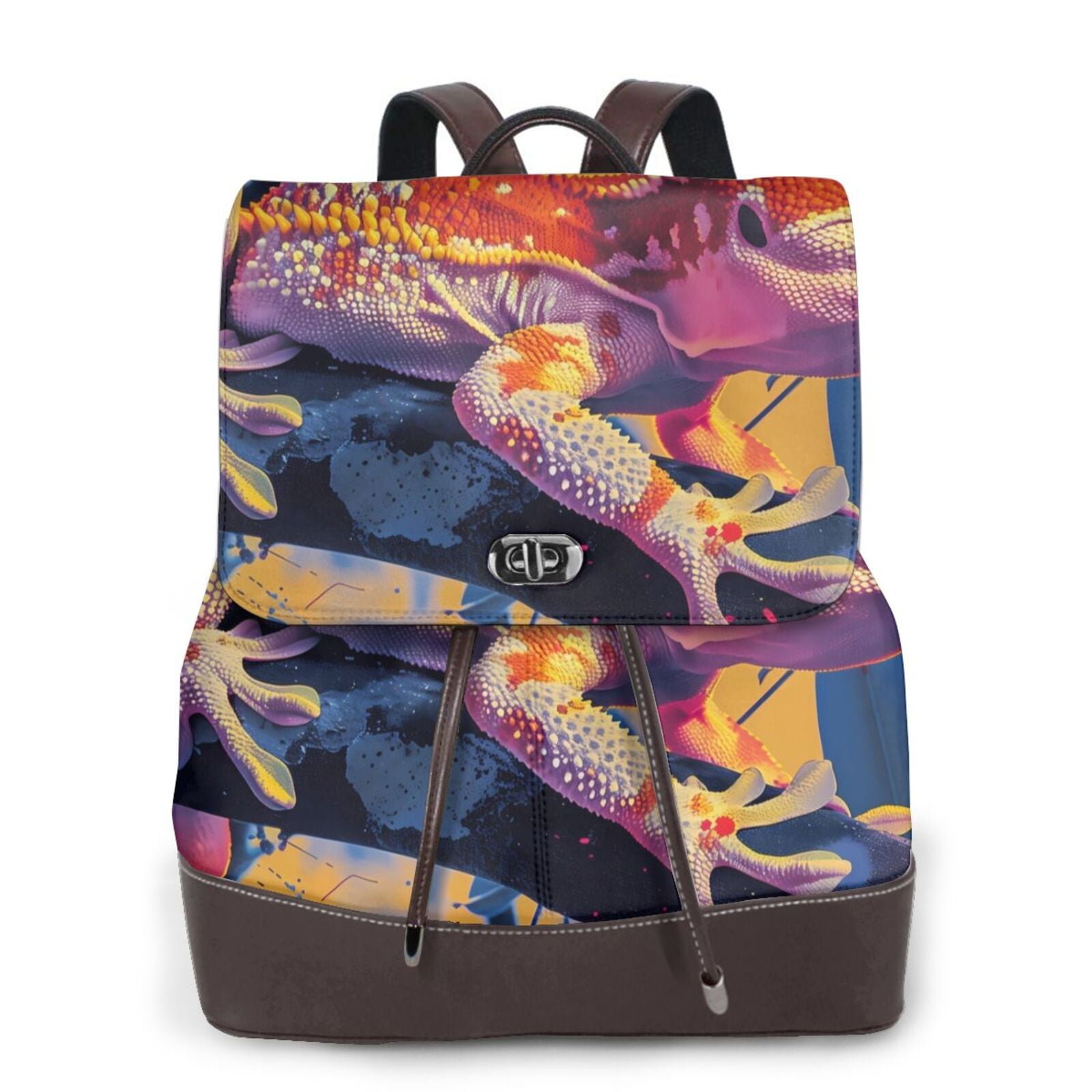 Gaeub Colorful Gecko Jungle Art Print Women's Leather Backpack,Travel ...