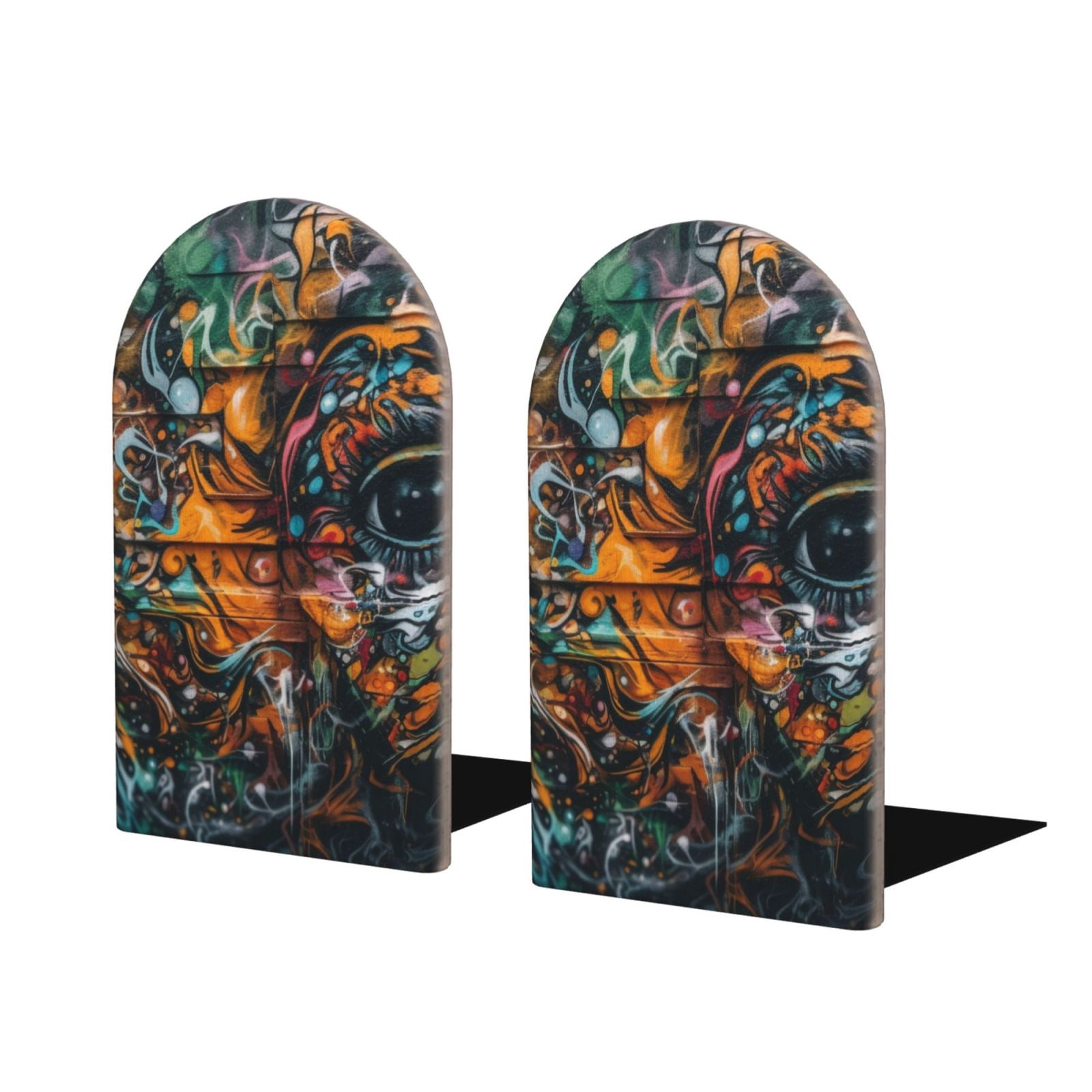 Gaeub Colorful Graffiti Abstract Eye Wood Bookends, Non-Slip Bookends ...