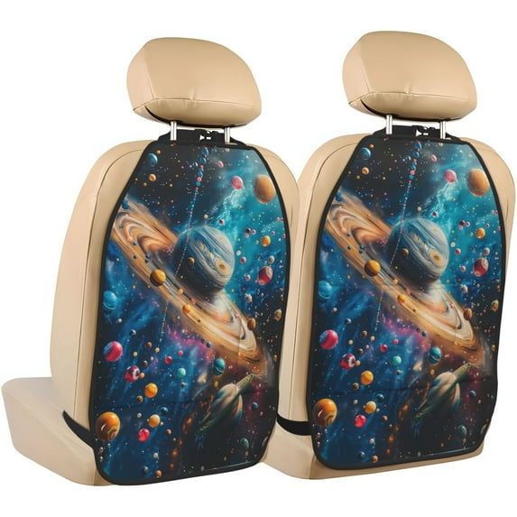 Gaeub Colorful Planet Universe Print Anti-Kick Storage Mat for Car Seats 2 Pcs, Car Kick Mats with 3 Pocket Protector, Essential Car Seat Protector for Child Car Seat,Car Seat Protector