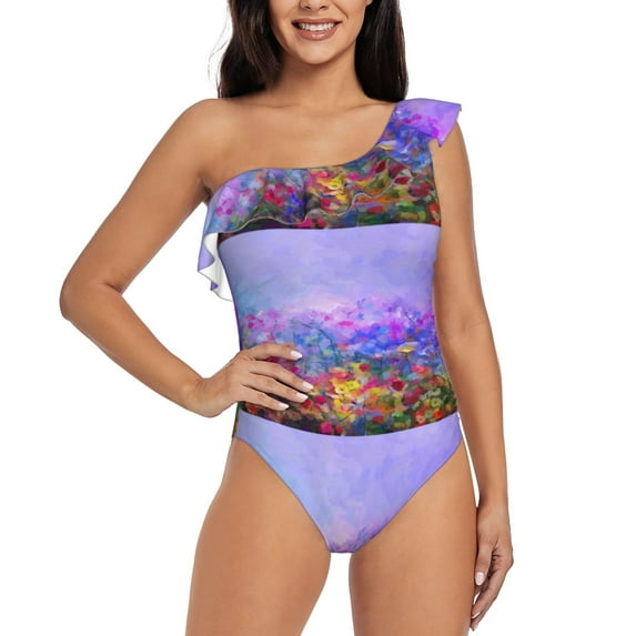 Gaeub Colorful Purple Cosmos Flower Women's One Shoulder Ruffle Tummy Control Swimwear for Swimming Surfing Beach Party - XX-Large