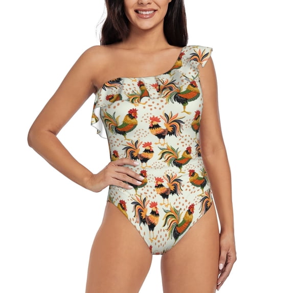 Gaeub Colorful Roosters Women's One Shoulder Ruffle Tummy Control Swimwear for Swimming Surfing Beach Party - Large