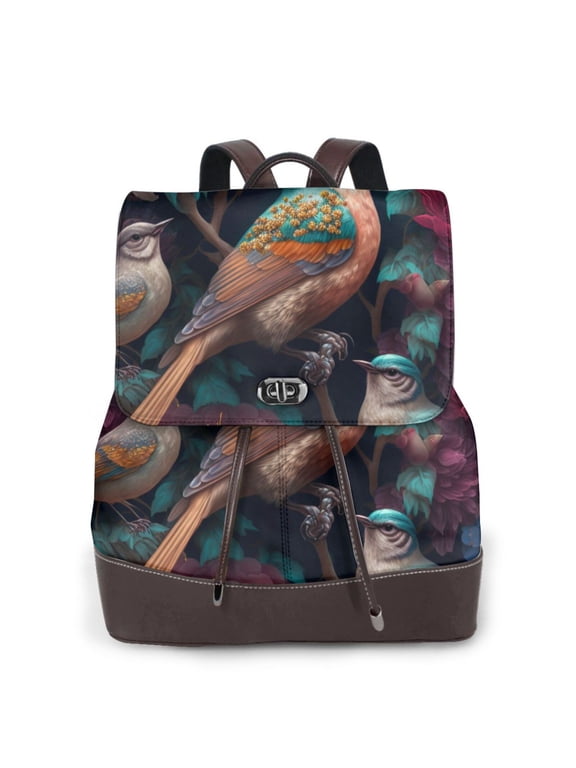 Colorful Rose Bird Print Women's Leather Backpack,Travel Laptop Backpack,Fashion Ladies Leather Backpack Bag for Travel,Leather Drawstring Daypack for Me