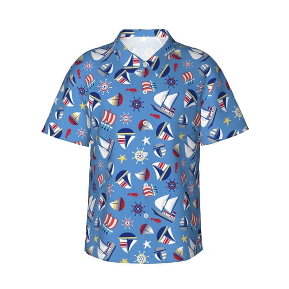 Gaeub Colorful Sailing Ship Print Men's Hawaiian Shirt,Button Down Short Sleeves Shirts,Tropical Beach Casual Button Down Shirts,XX-Large