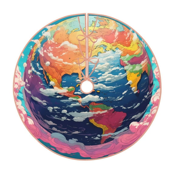 Gaeub Colorful Whimsical Earth Print Christmas Tree Skirt,Christmas Decorations,Round Xmas Skirt for Christmas Indoor Decorations Xmas Winter Holiday Party Supplies-48"