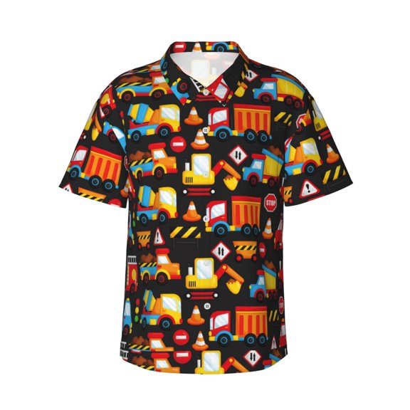 Gaeub Construction Truck Print Men's Hawaiian Shirt,Button Down Short Sleeves Shirts,Tropical Beach Casual Button Down Shirts,Medium